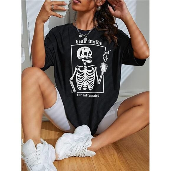 Goth Y2K Skull Graphic Print Oversized T Shirt Funny Short Sleeve Tee Casual Top - Picture 1 of 5